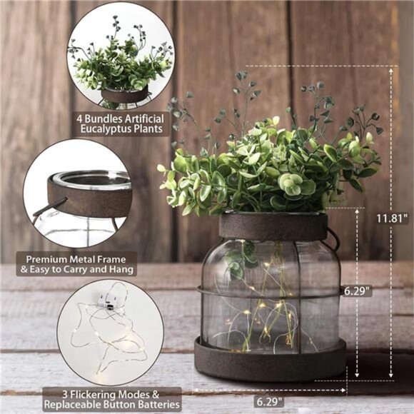 Vintage Glass Farmhouse Vase, Rustic Lantern Decor with Plants Flowers Lights - Picture 2 of 8